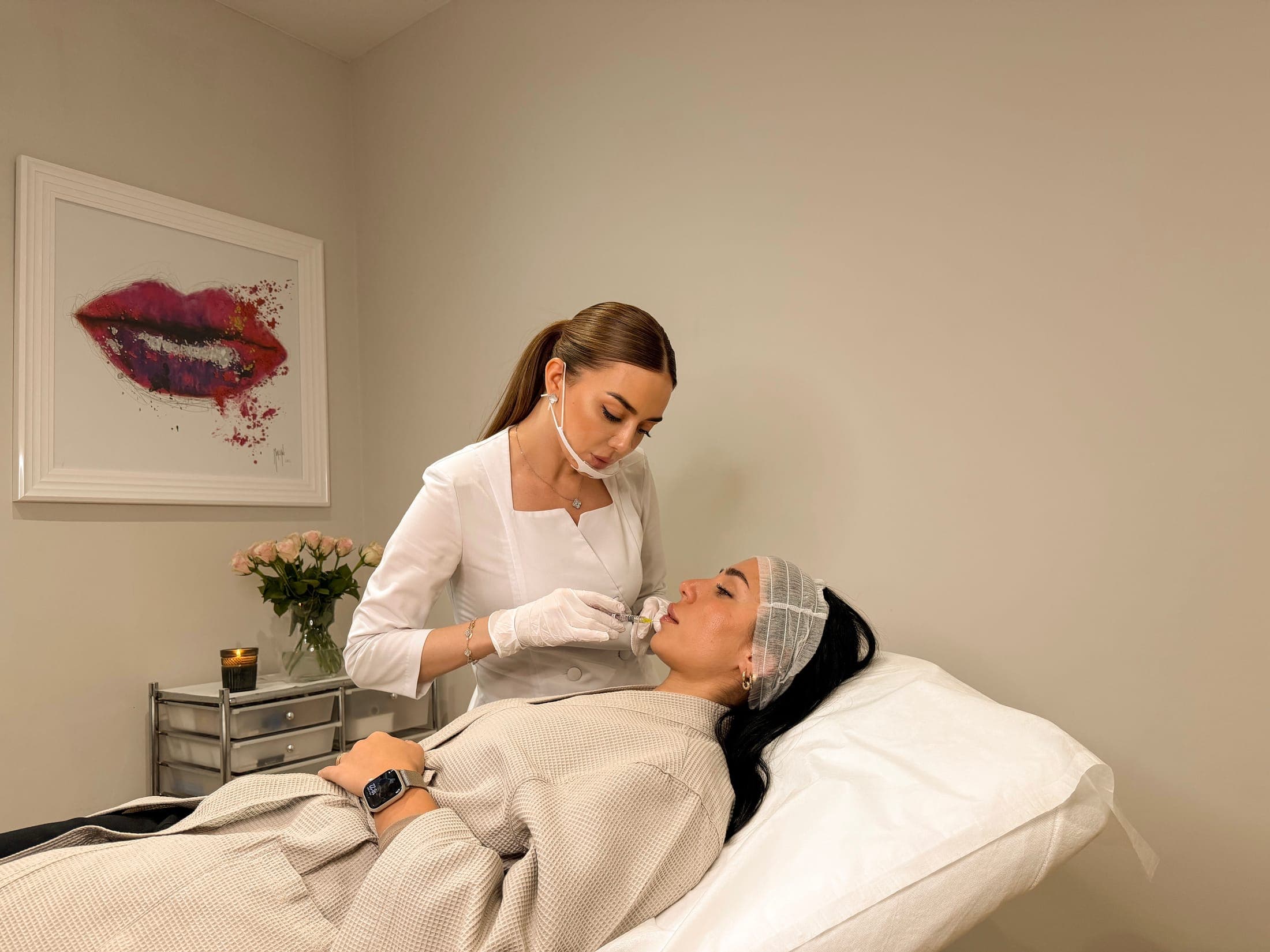 Oxana carrying out a lip filler treatment at ART FACE Clinic London, 122 Warwick Way, Pimlico
