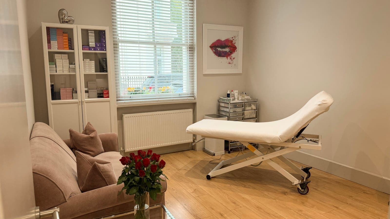 The treatment room at ART FACE London, 122 Warwick Way, Pimlico